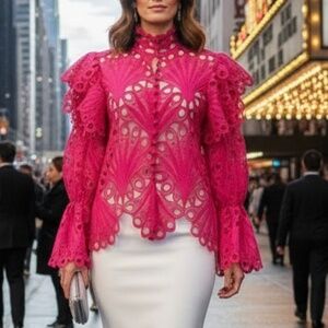 # A077 Nancy Vintage Fuchsia Lace Ruffle Blouse ,  New no tag , Size M